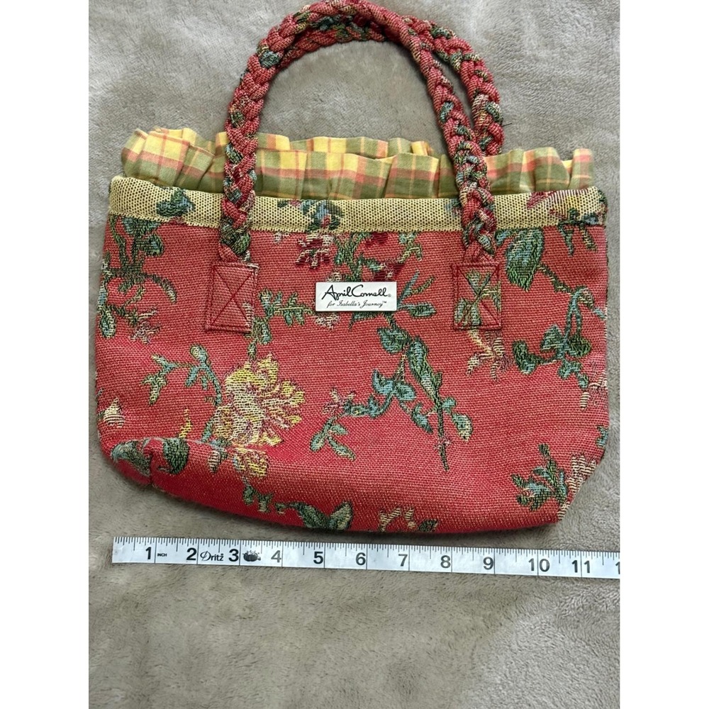 April Cornell Isabella's Journey Red Floral Tapestry Tote Bag Plaid Ruffle Trim - Picture 3 of 8
